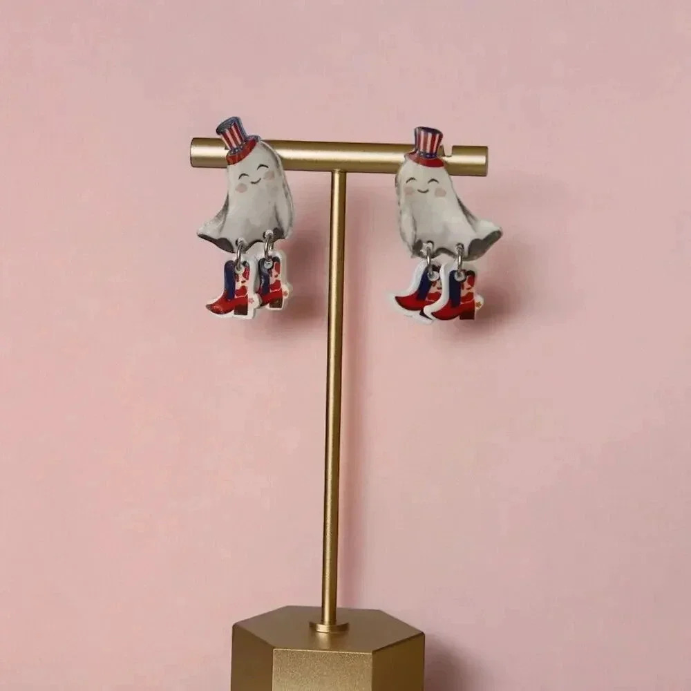 Patriotic Cowboy Resin Post Back Ghost Summerween Earrings‎
